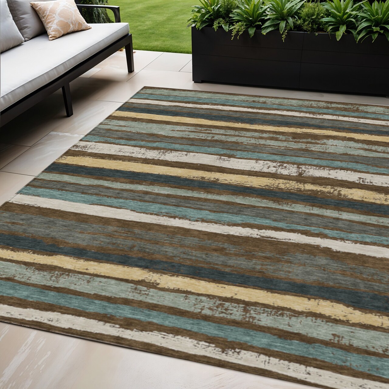 Edge Collections - 5' x 8' - Brown - Indoor Outdoor Washable Striped Area Rug - 1 Piece